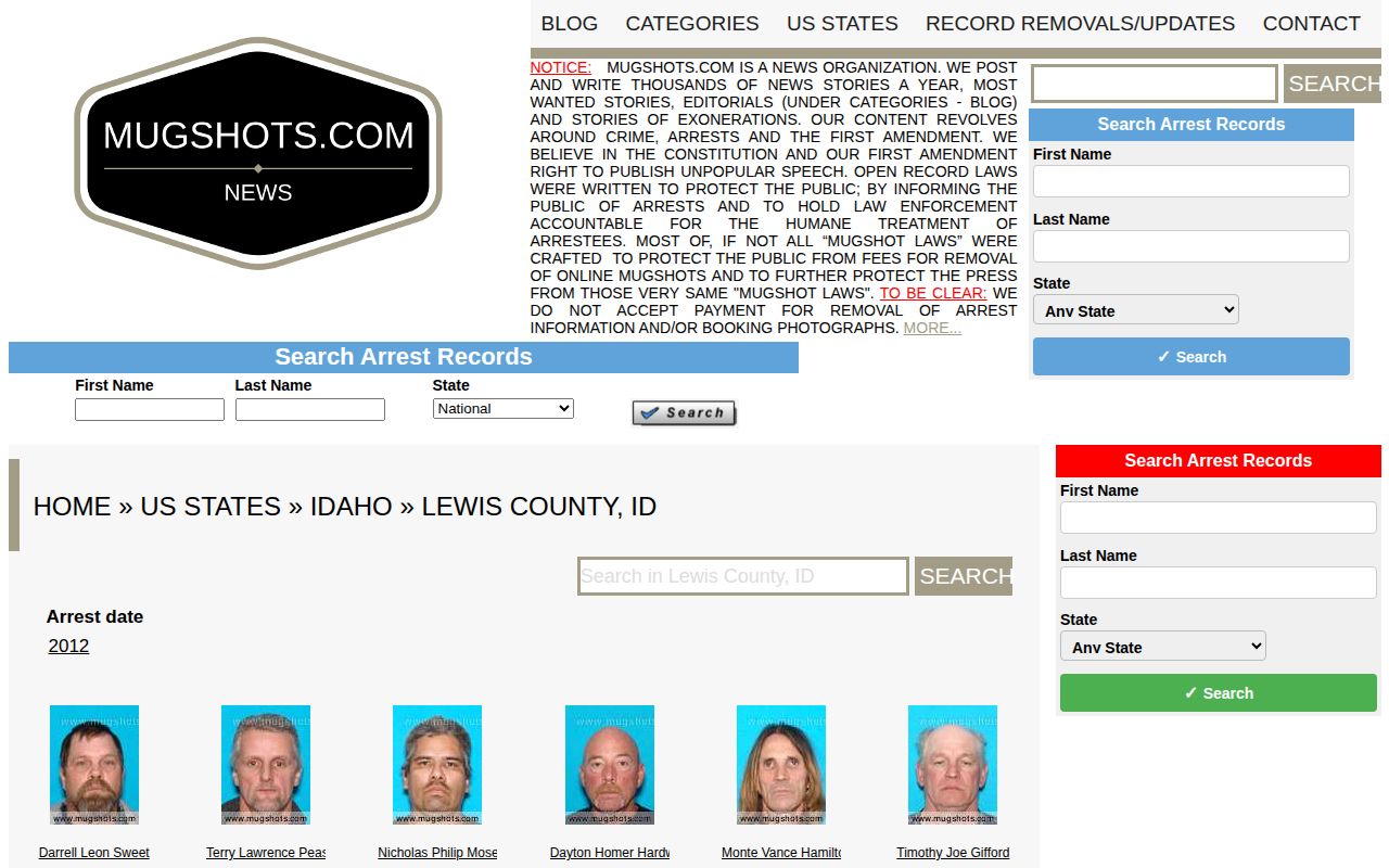 Mugshots.com Lewis County coverage screenshot used as a caveated source