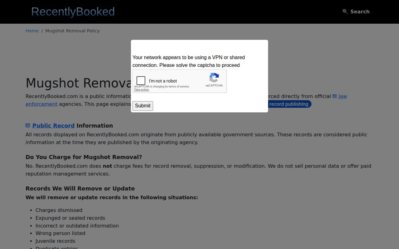 RecentlyBooked removal policy screenshot for caveated third-party context