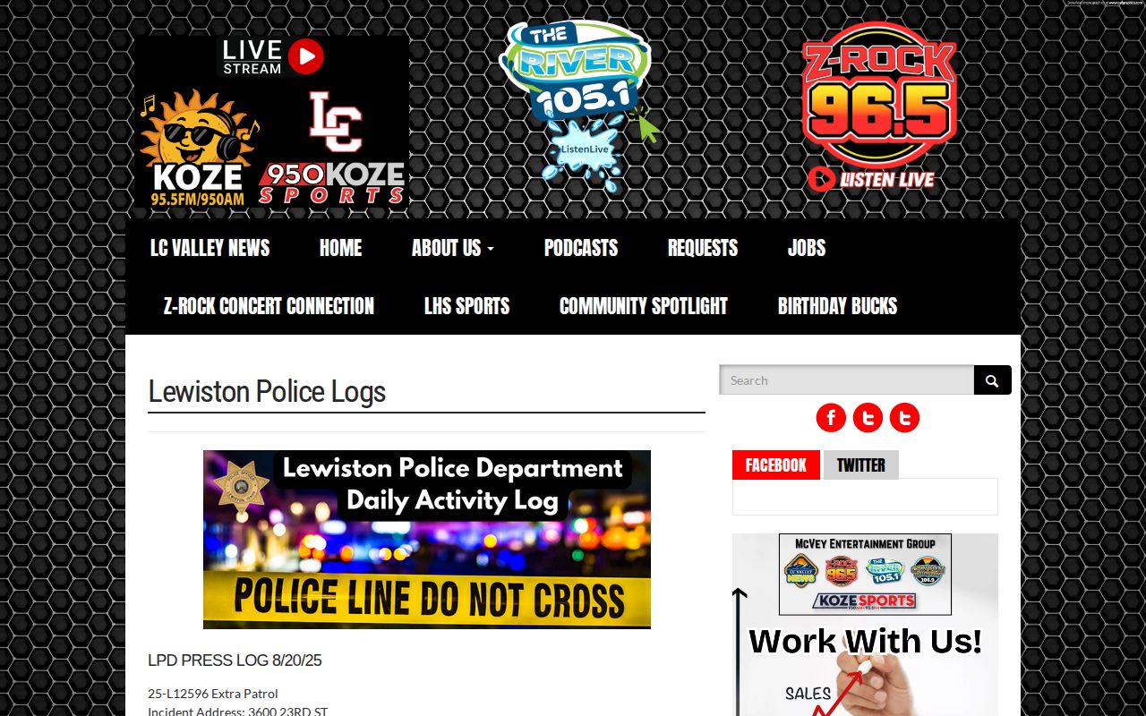 KOZE Lewiston police log screenshot used as a regional boundary example