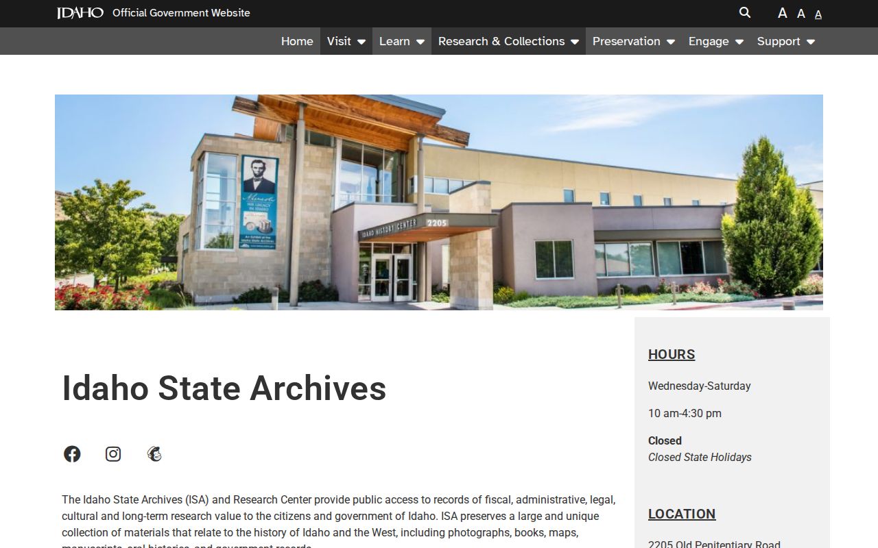 Idaho State Archives government records information screenshot