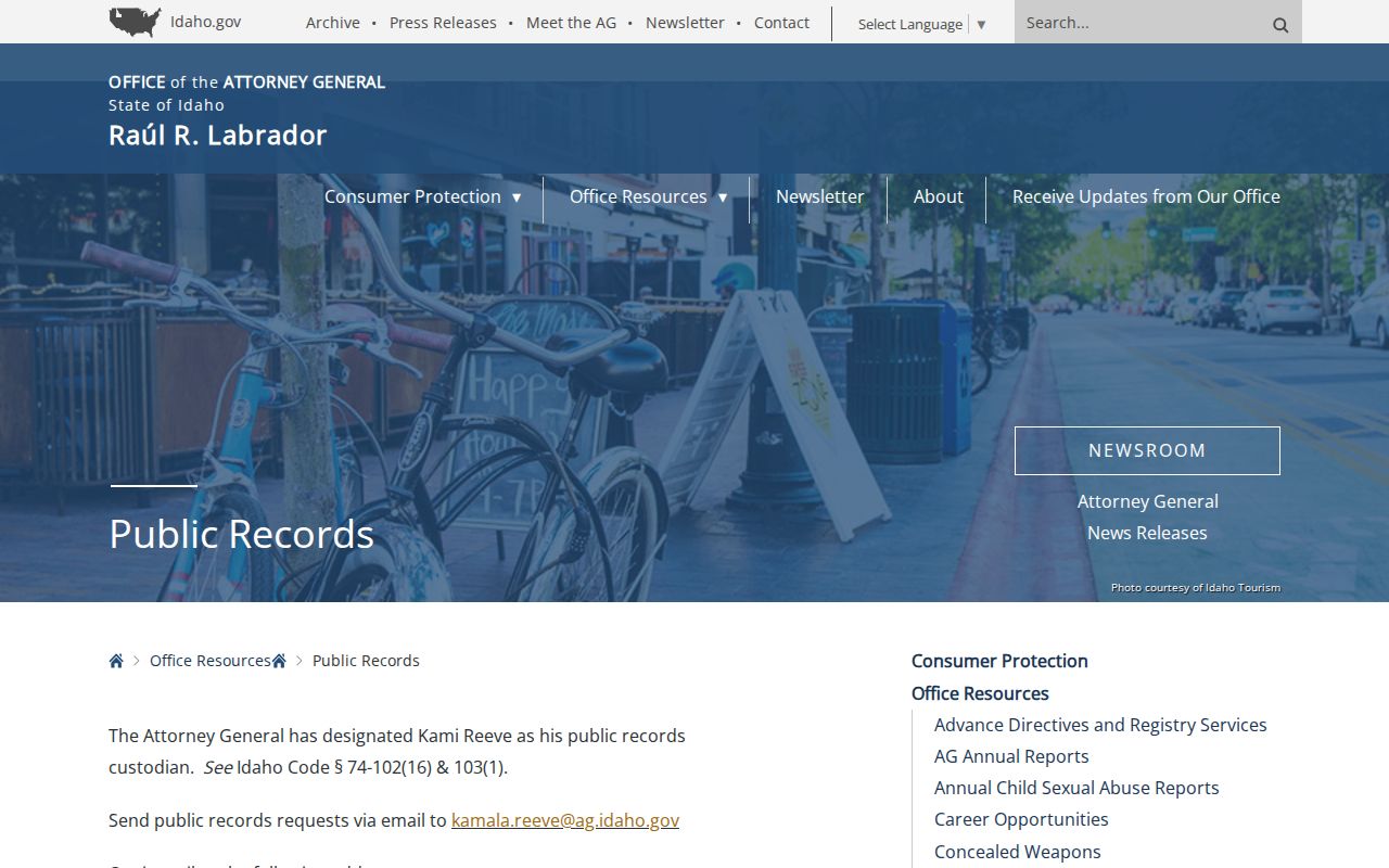 Idaho public-records guidance screenshot for Lewis County booking requests
