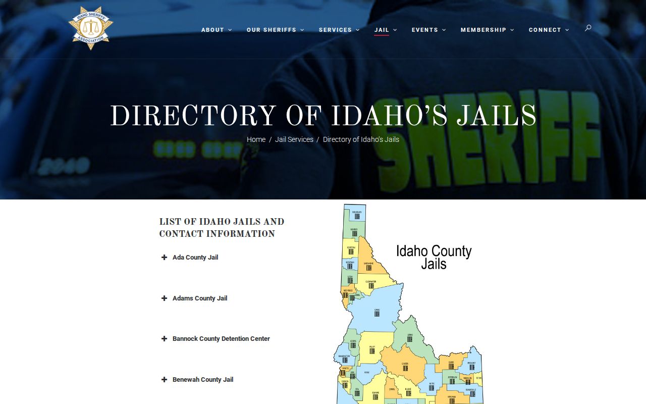 Idaho Sheriffs Association jail directory screenshot showing Lewis County and Nez Perce facilities