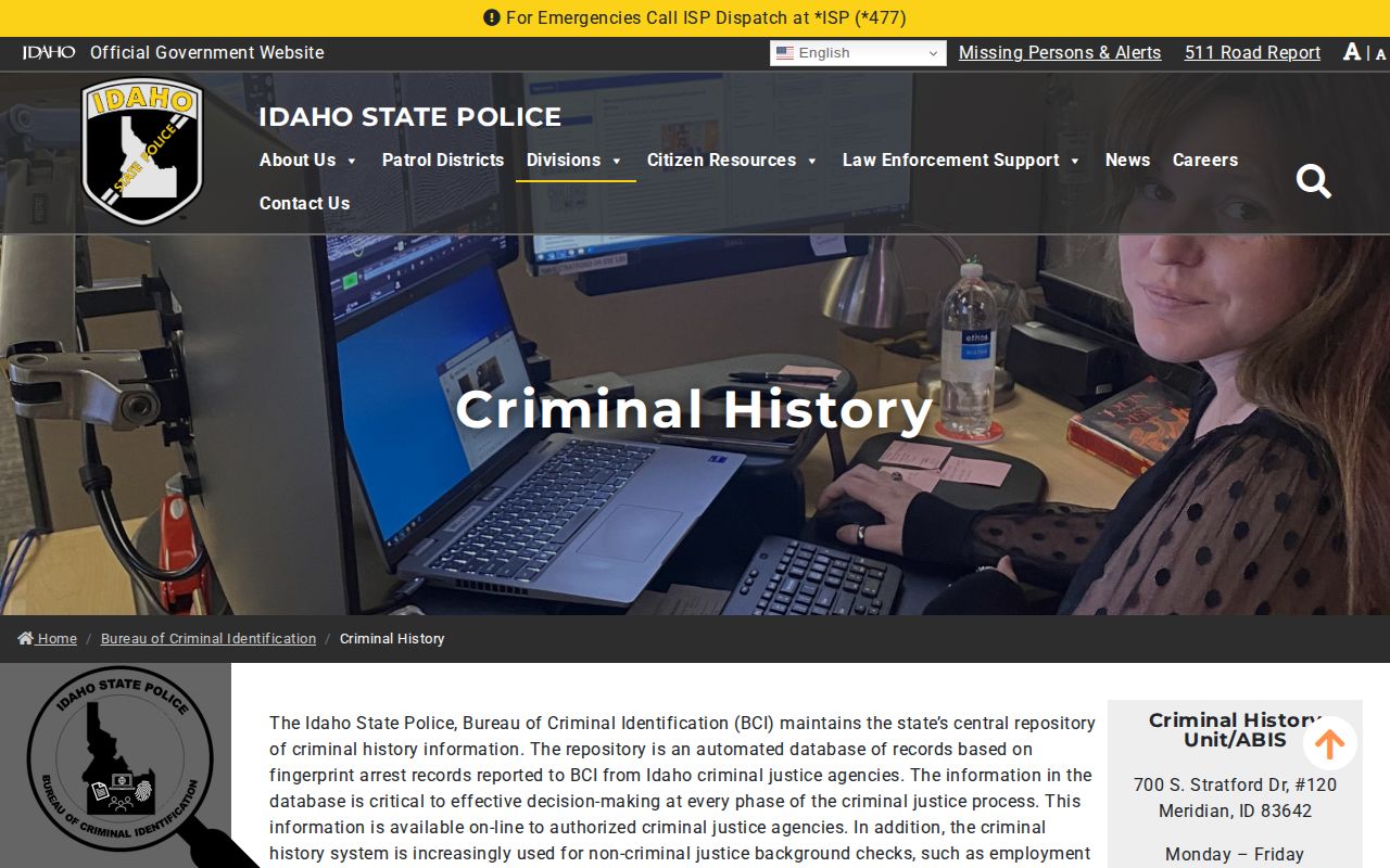 Idaho State Police criminal-history and expungement information screenshot