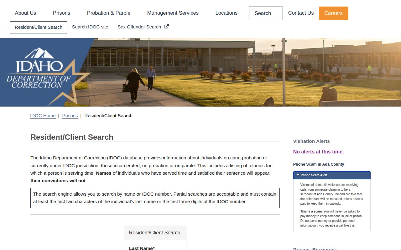 Idaho Department of Correction resident search screenshot for state custody