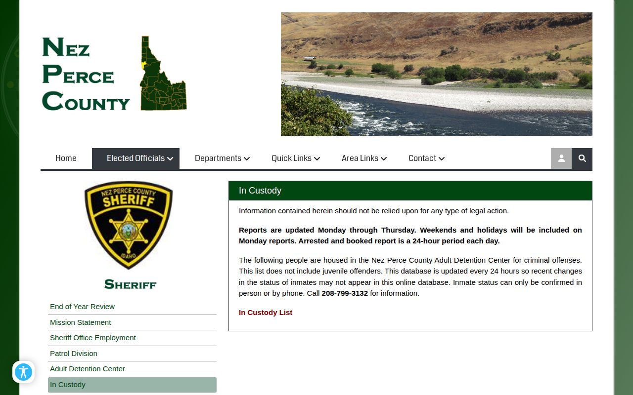 Nez Perce in-custody page screenshot used for Lewis County regional custody lookup