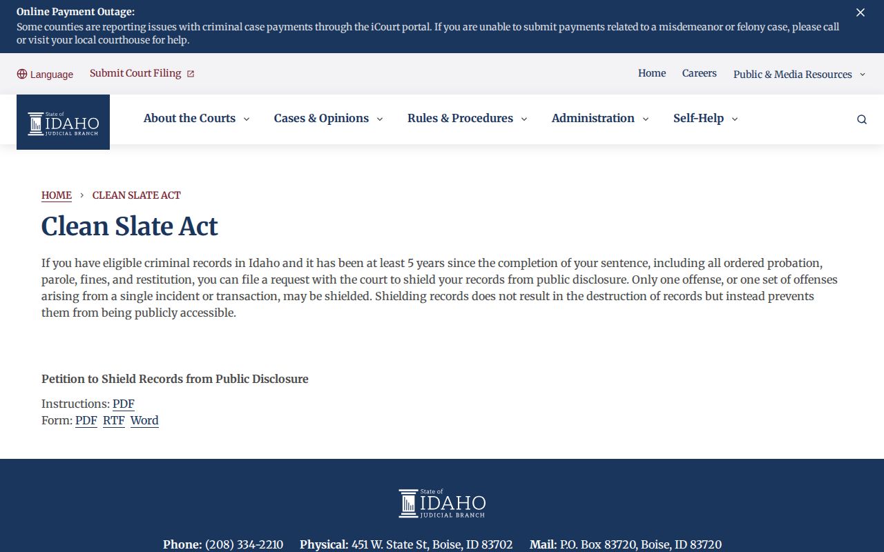 Idaho Supreme Court Clean Slate Act information screenshot