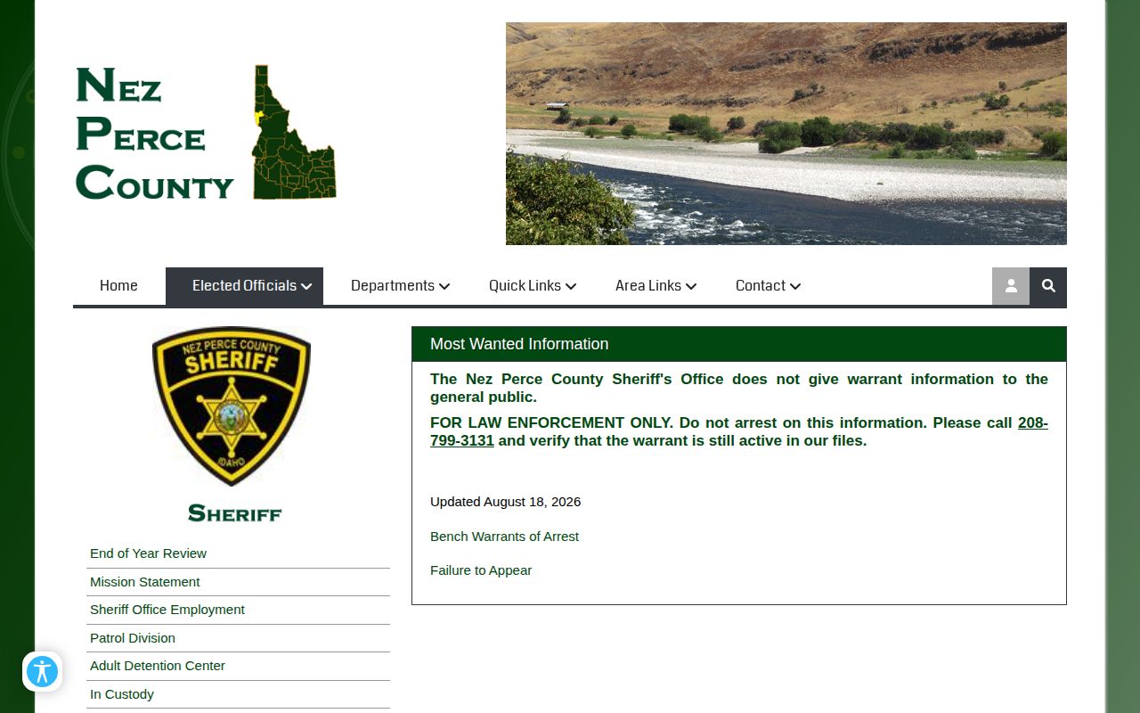 Nez Perce regional warrants warning screenshot used for Lewis County safety context